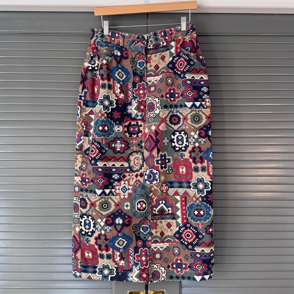 Vintage Gotcha Covered Aztec Print Denim Midi Skirt
